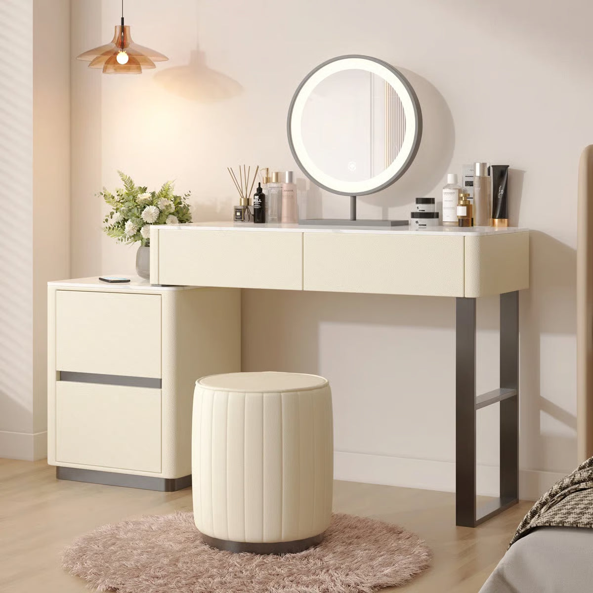 Solid Wood Makeup Vanity Desk –Edorta  55.12'' with LED Mirror & Stool-OUCH CART|Dressing table