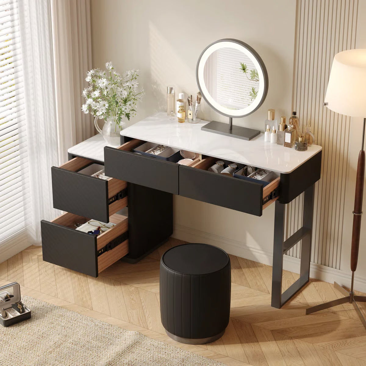 Solid Wood Makeup Vanity Desk –Edorta  55.12'' & Stool