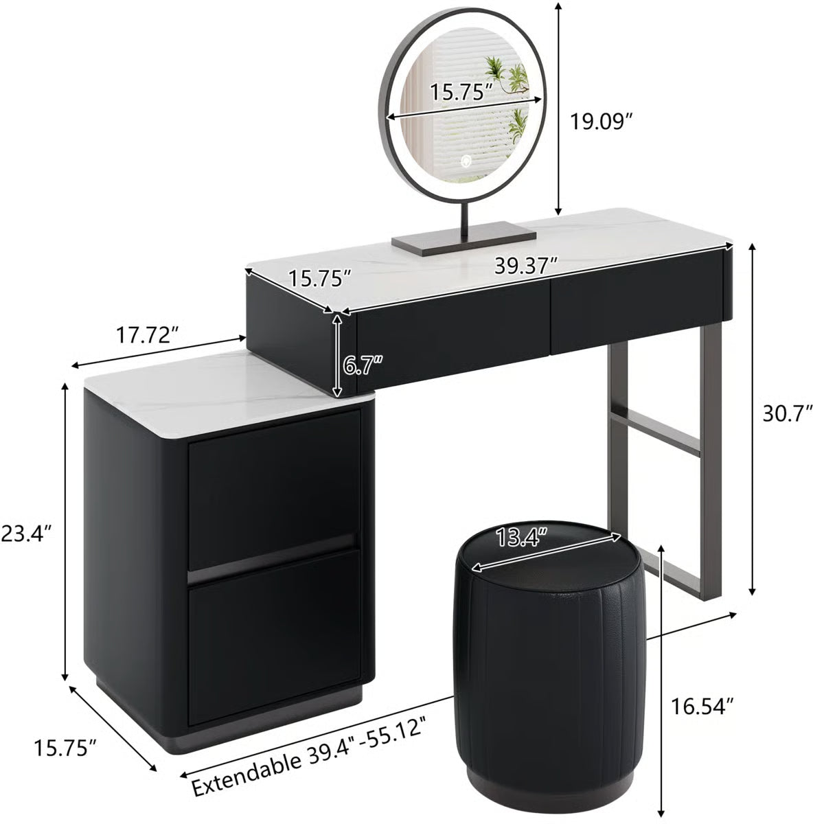 Solid Wood Makeup Vanity Desk –Edorta  55.12'' & Stool