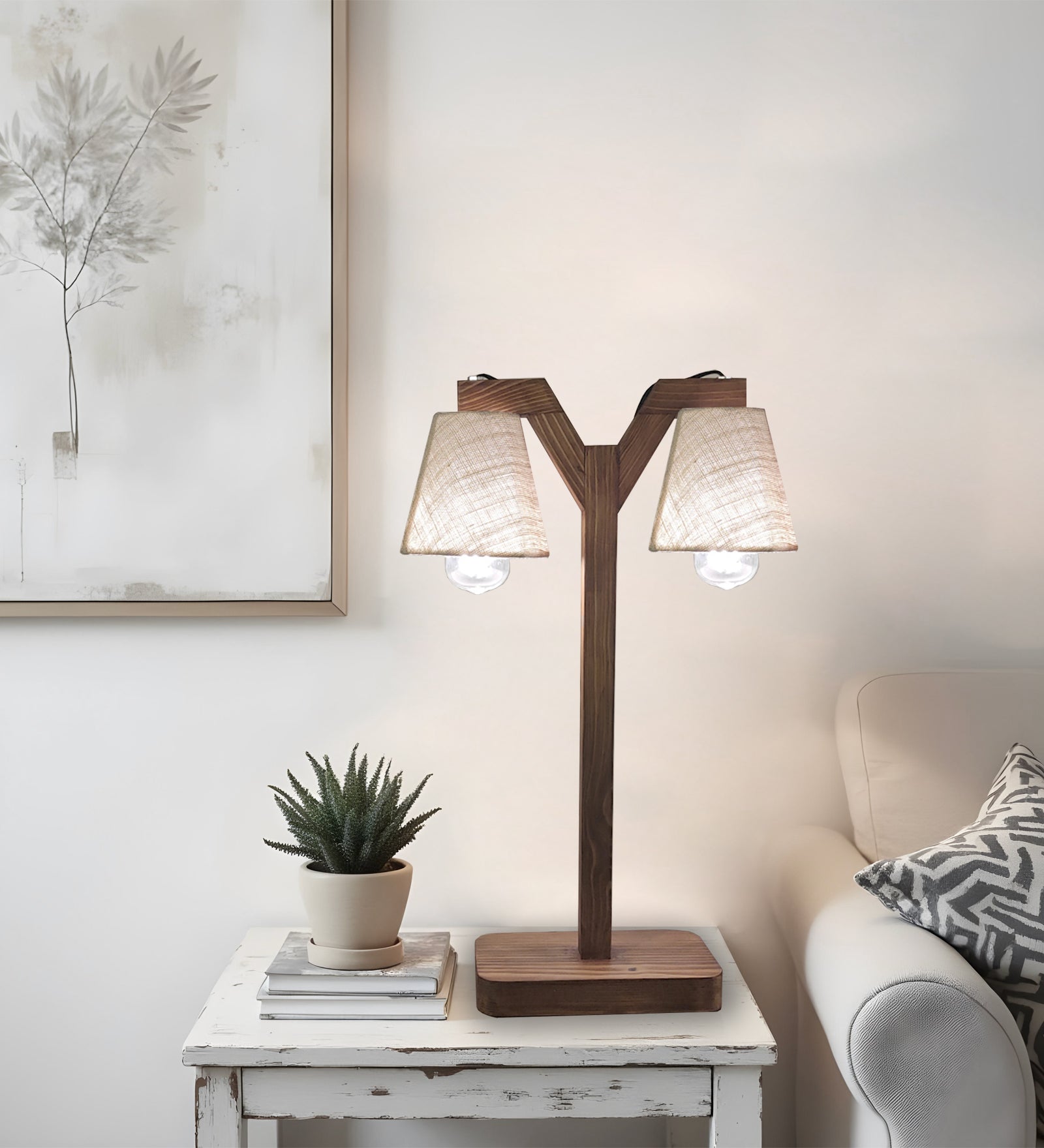 Elania Wooden Table Lamp with Brown Base and Premium White Fabric Lampshade (BULB NOT INCLUDED)