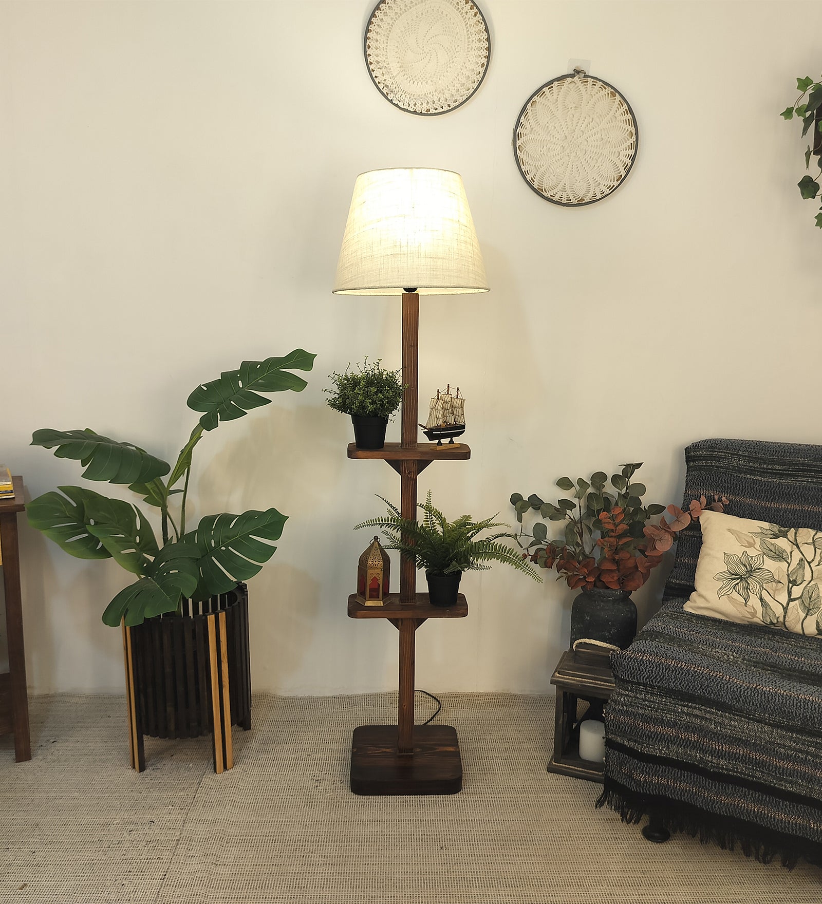 Elania Wooden Floor Lamp with Brown Base and Beige Fabric Lampshade