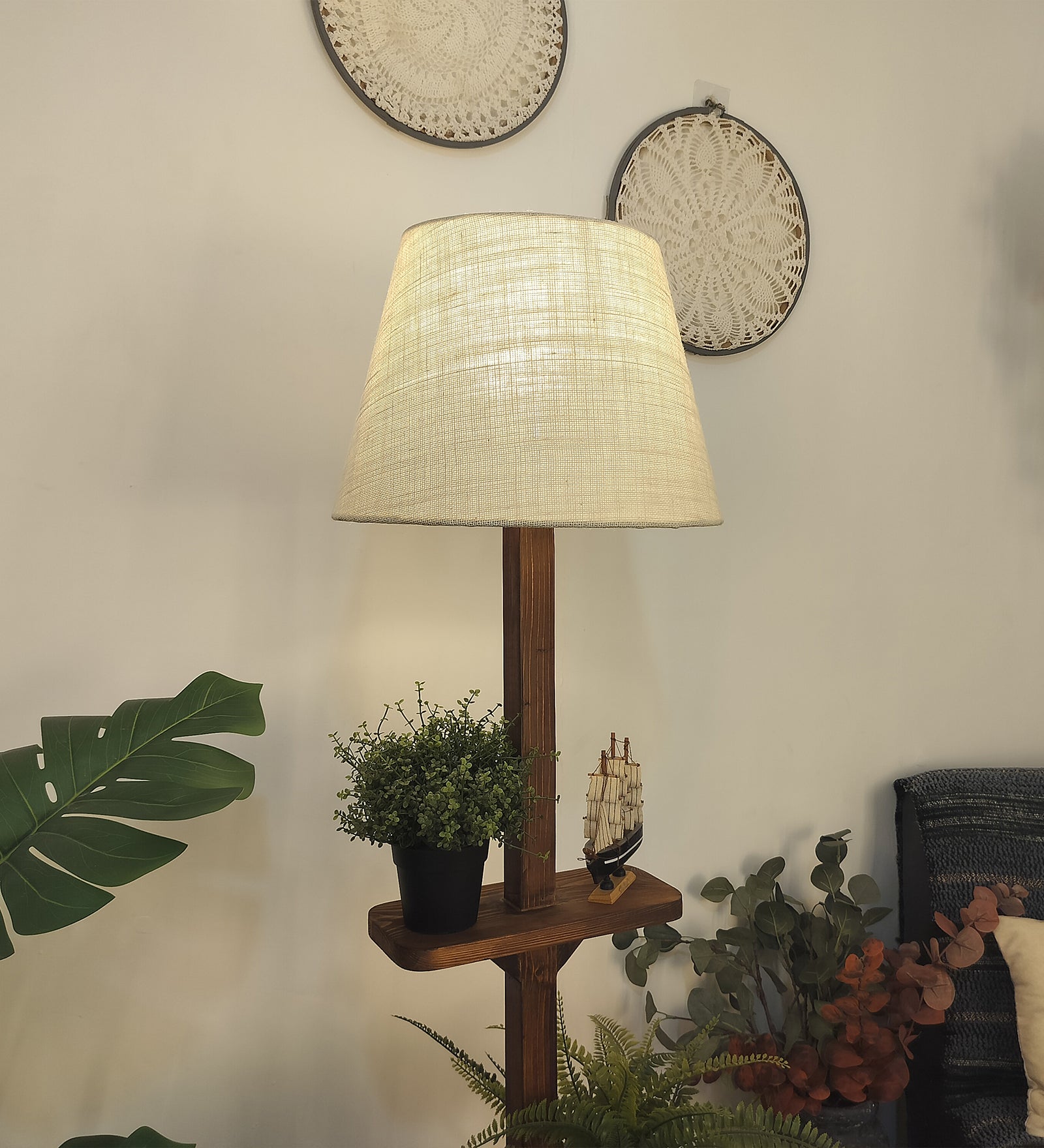 Elania Wooden Floor Lamp with Brown Base and Beige Fabric Lampshade