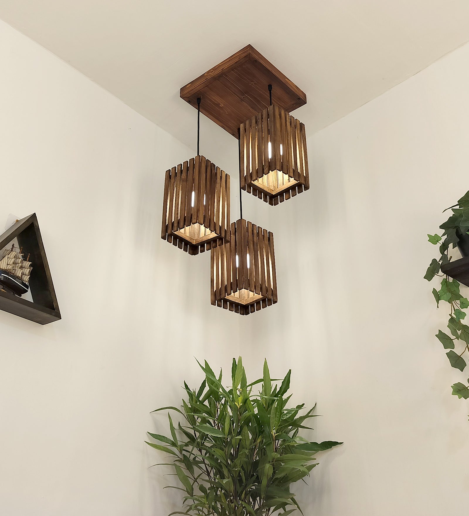 Elegant Brown Wooden Cluster Hanging Lamp (BULB NOT INCLUDED)