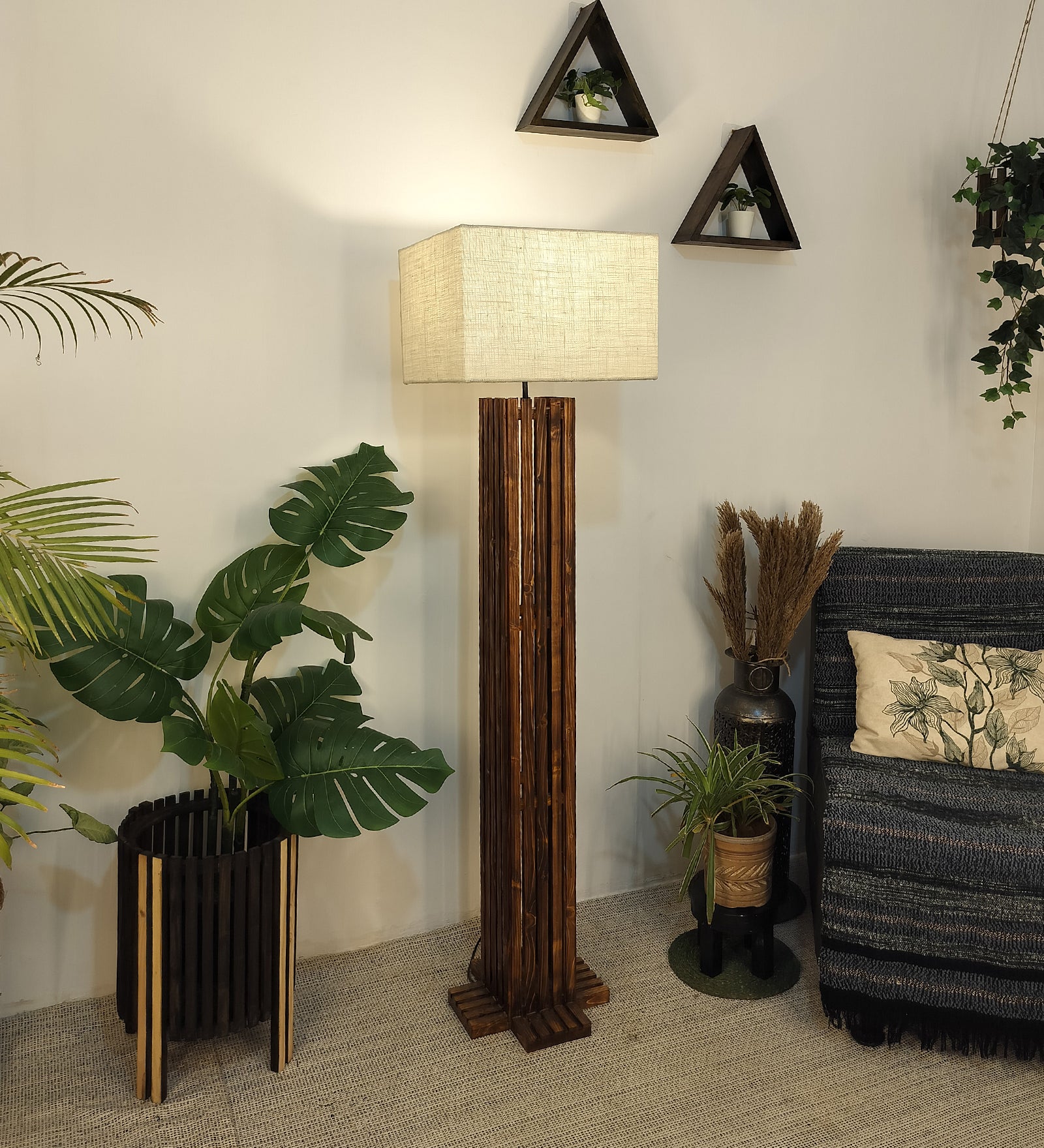 Elegant Wooden Floor Lamp with Brown Base and Beige Fabric Lampshade (BULB NOT INCLUDED)