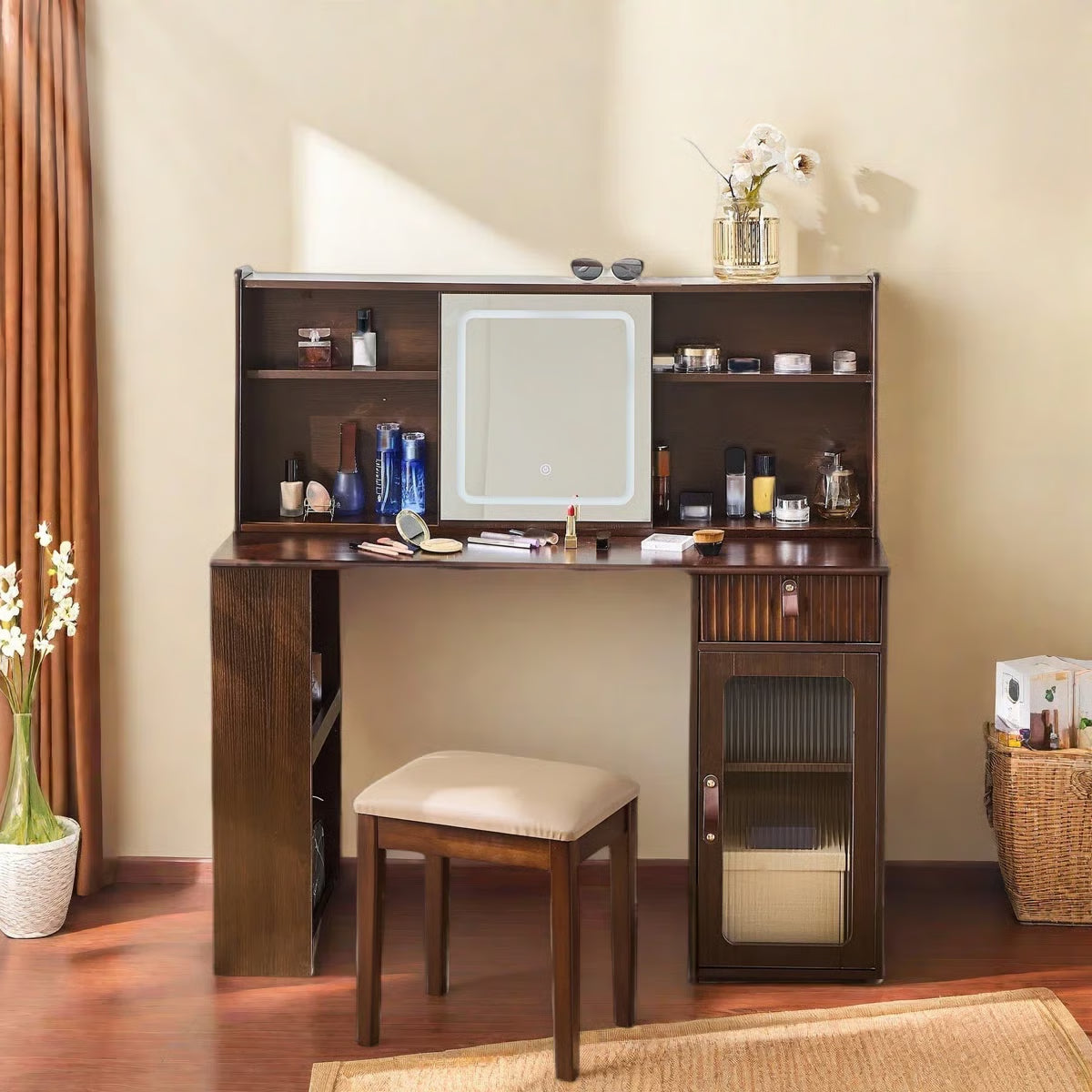 Makeup Vanity Desk with Adjustable Sliding LED Mirror – Elegant Design, Drawer, Display Shelves & Stool-OUCH CART |Dressing table