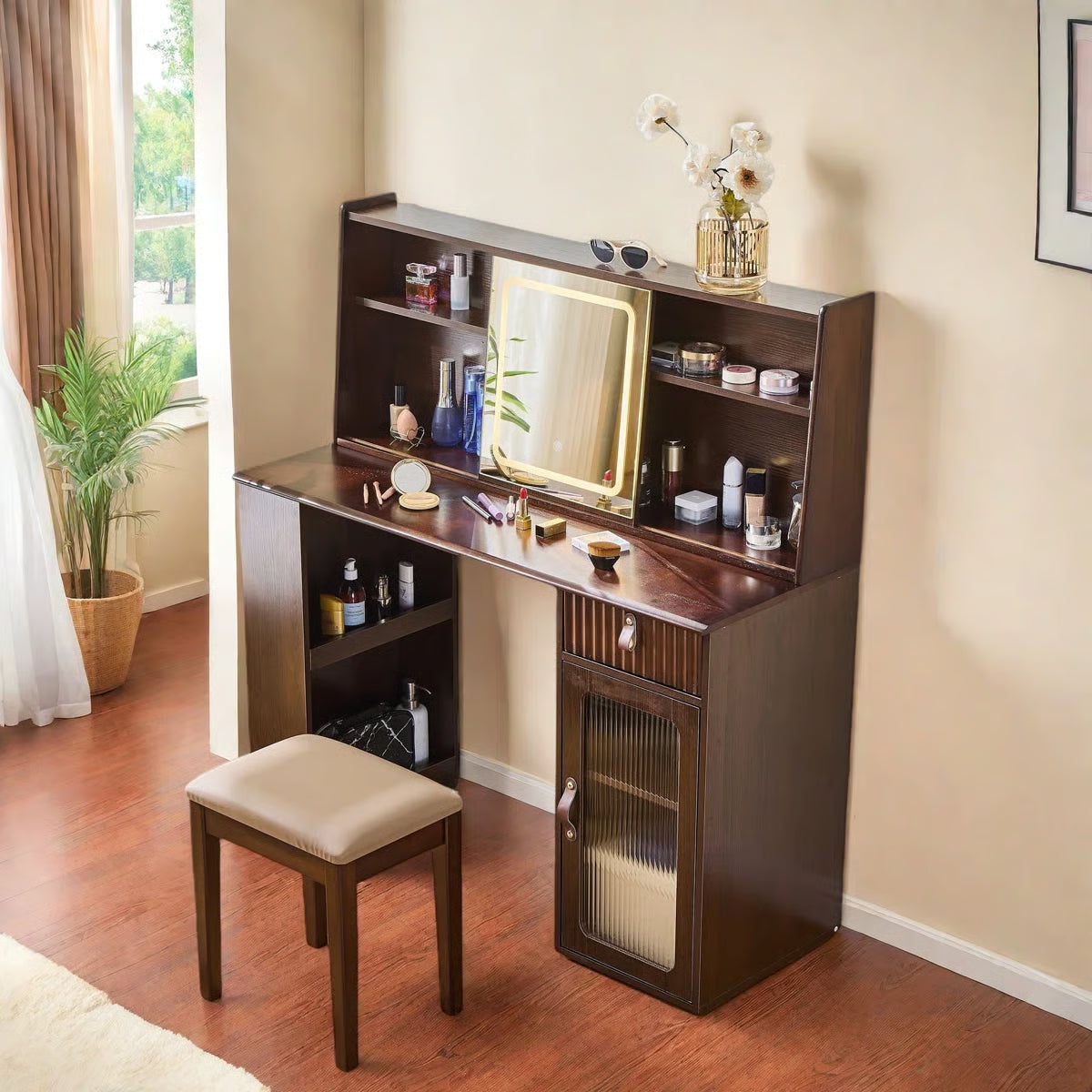 Makeup Vanity Desk with Elegant Design, Drawer, Display Shelves & Stool