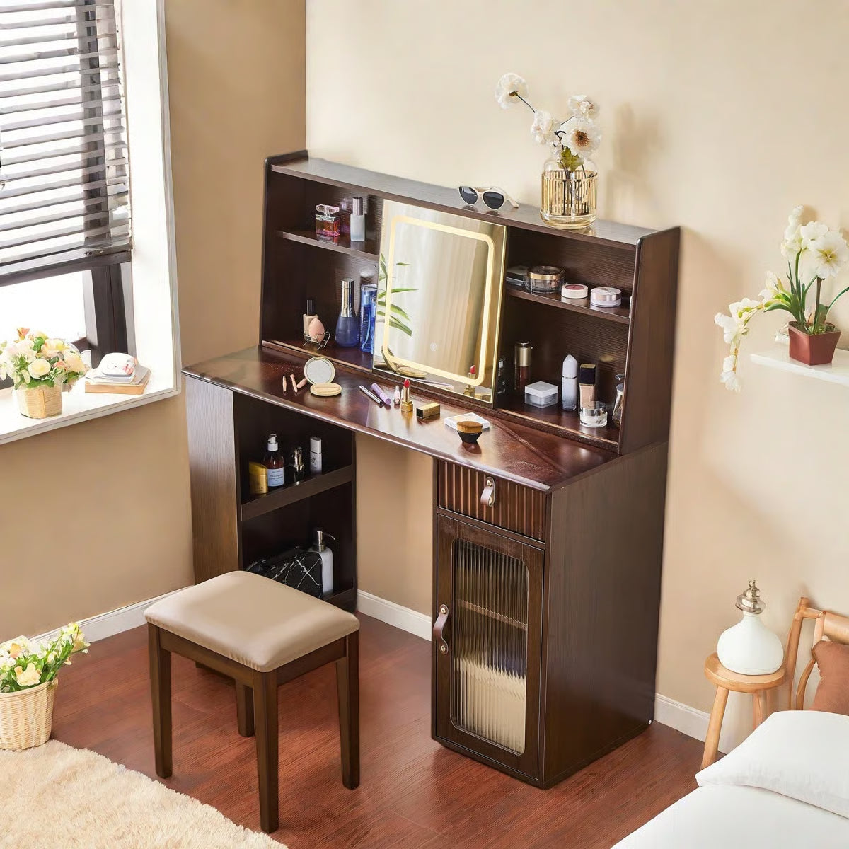 Makeup Vanity Desk with Adjustable Sliding LED Mirror – Elegant Design, Drawer, Display Shelves & Stool-OUCH CART |Dressing table