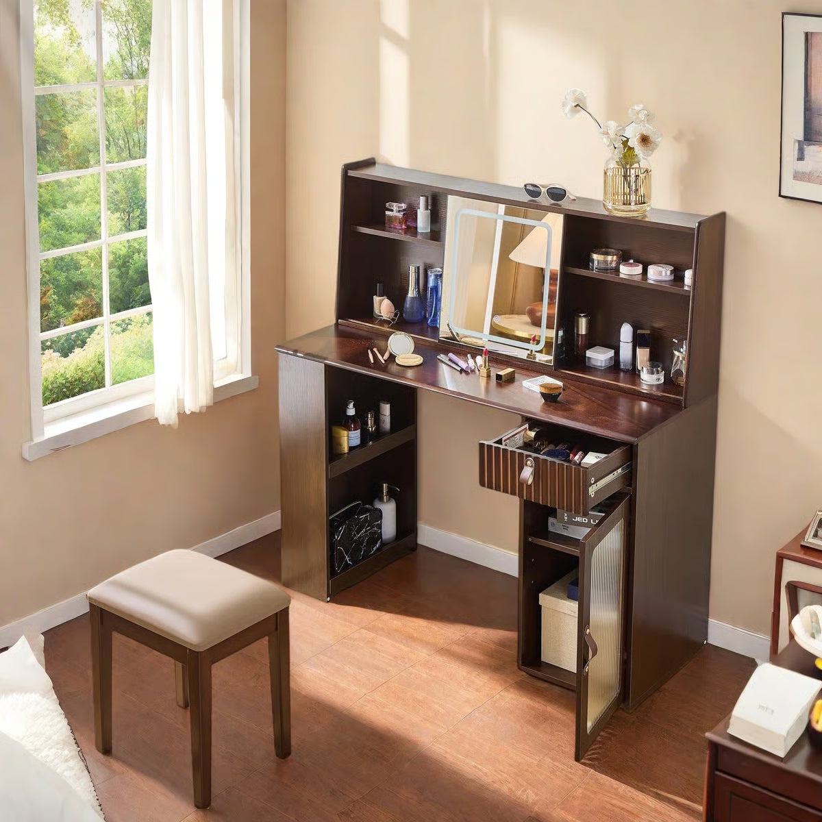 Makeup Vanity Desk with Elegant Design, Drawer, Display Shelves & Stool