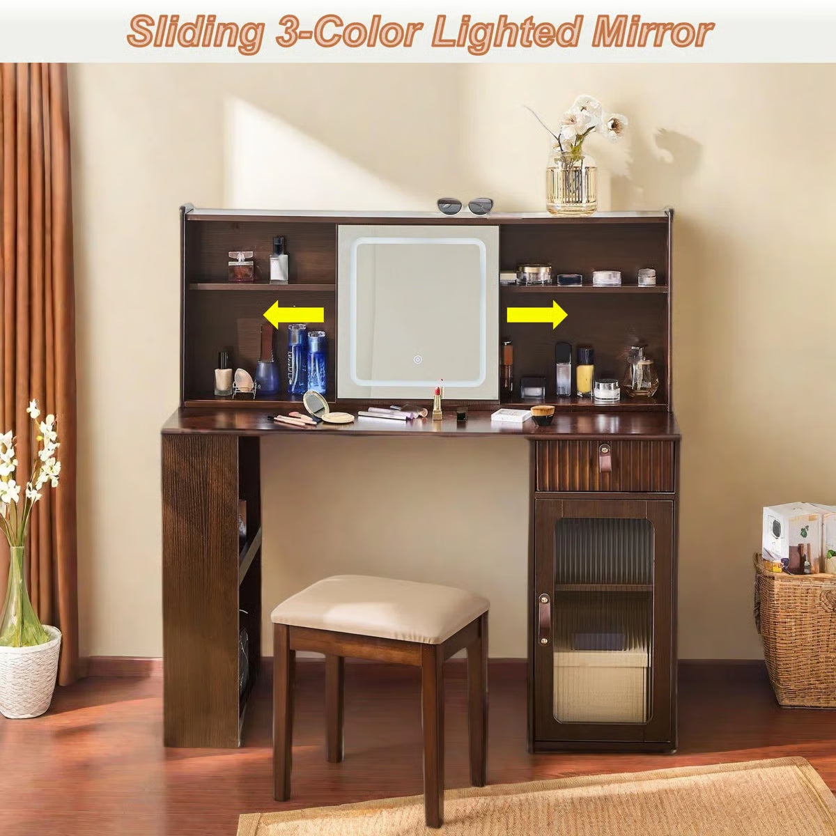 Makeup Vanity Desk with Elegant Design, Drawer, Display Shelves & Stool