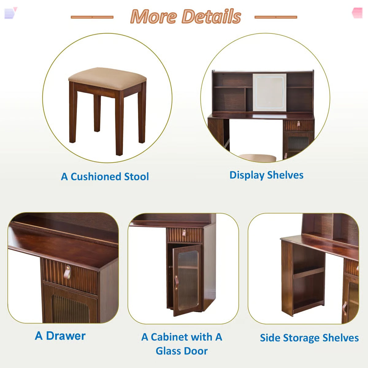 Makeup Vanity Desk with Adjustable Sliding LED Mirror – Elegant Design, Drawer, Display Shelves & Stool-OUCH CART |Dressing table