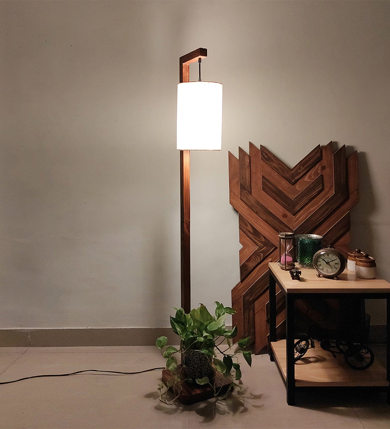 Elementary Wooden Floor Lamp with Brown Base and White Fabric Lampshade (BULB NOT INCLUDED)