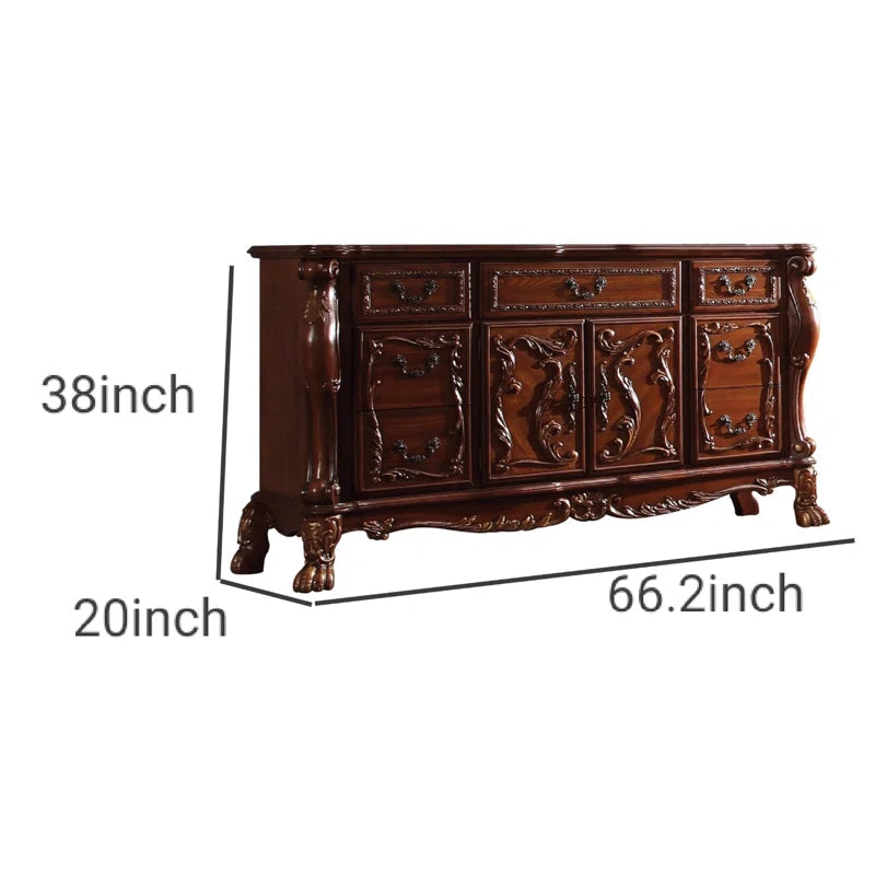 Eliava 66.2'' Solid Wood Wide Dresser, 7 Drawers w Antique Handles, Floral Carvings, Brown -Ouchcart| Cabinet 
