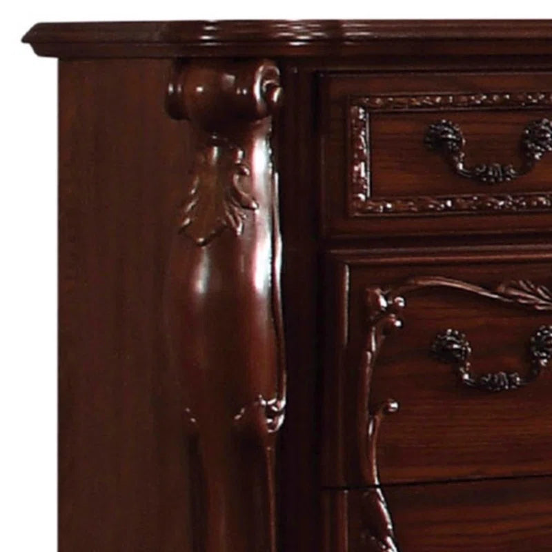 Eliava 66.2'' Solid Wood Wide Dresser, 7 Drawers w Antique Handles, Floral Carvings, Brown