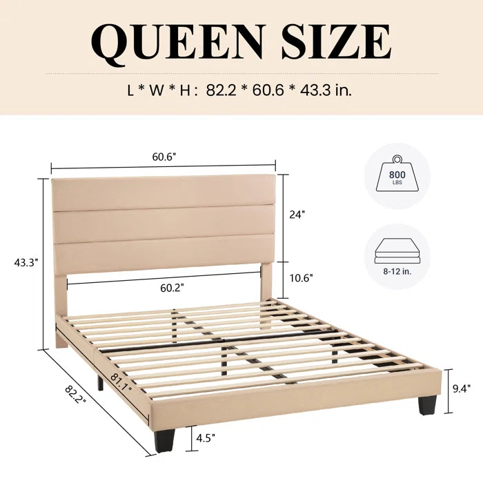 Platform Bed with Fabric Upholstered Headboard and Wooden Slats