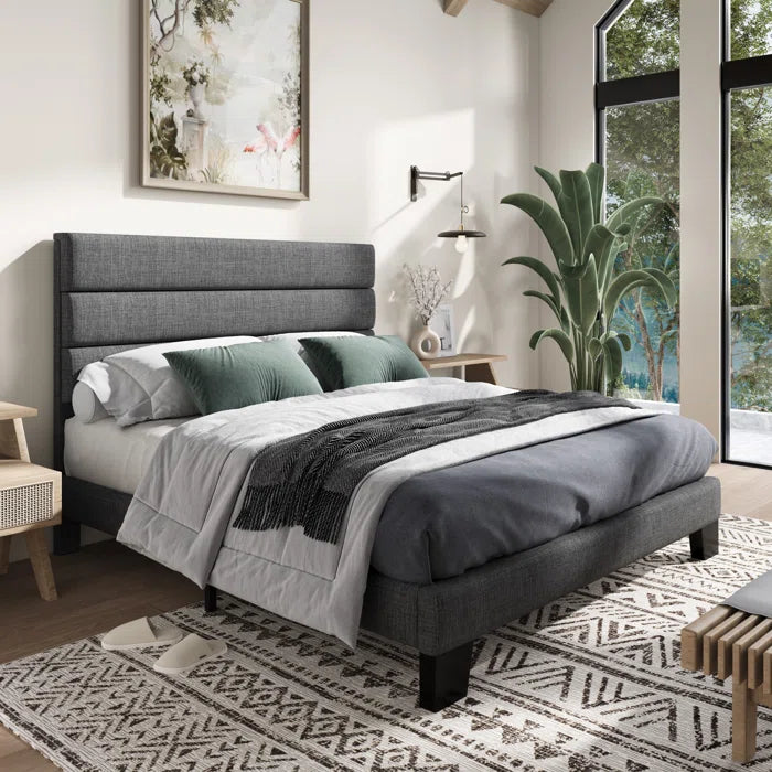 Platform Bed with Fabric Upholstered Headboard and Wooden Slats