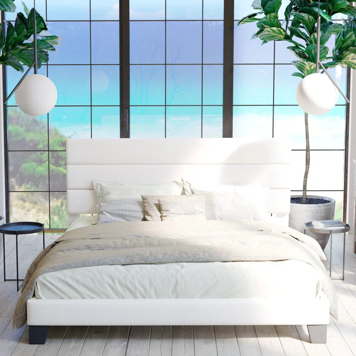 Platform Bed with Fabric Upholstered Headboard and Wooden Slats