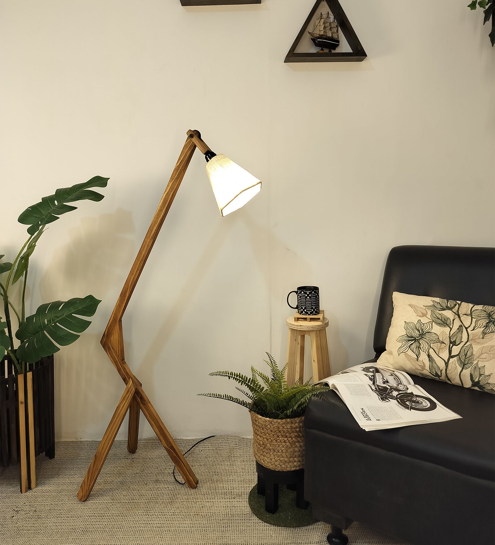 Emphasis Wooden Floor Lamp with Brown Base and Beige Fabric Lampshade (BULB NOT INCLUDED)