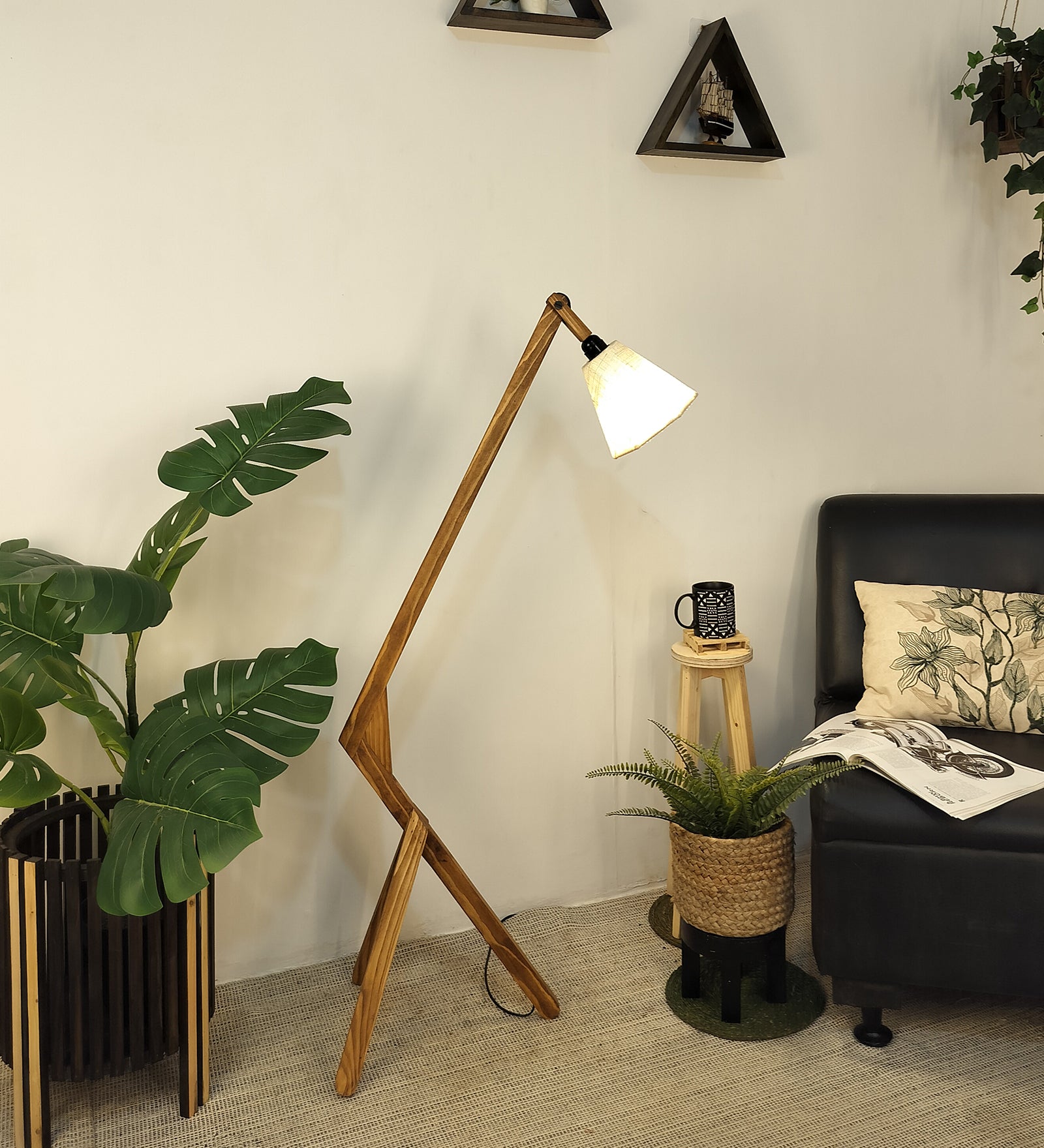 Emphasis Wooden Floor Lamp with Brown Base and Beige Fabric Lampshade