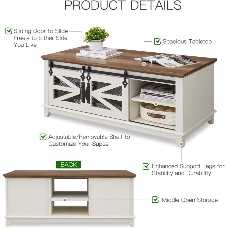 Farmhouse Coffee Table With Storage, Wood Living Room Table, Sliding Barn Door