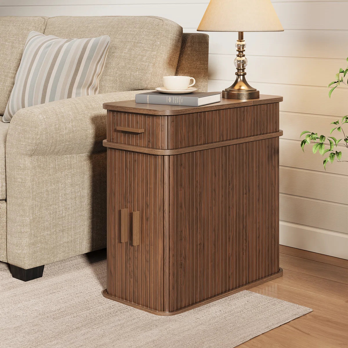 Ouch Cart Modern Wooden End Table with Charging Station & Storage Cabinet