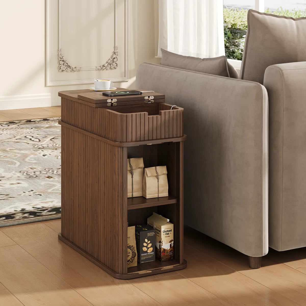 Ouch Cart Modern Wooden End Table with Charging Station & Storage Cabinet