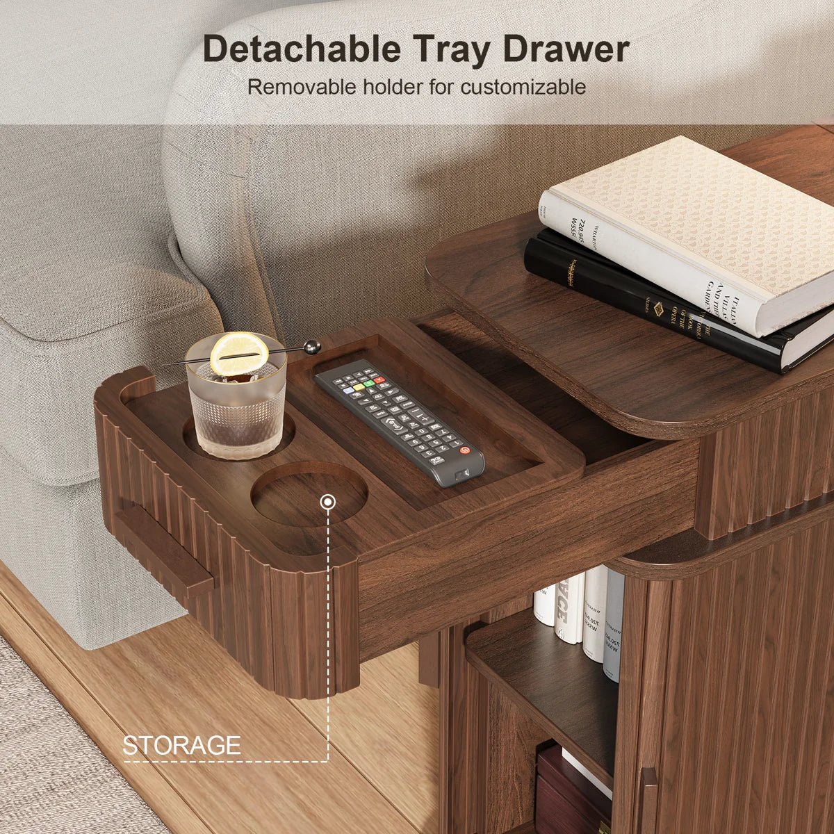 Ouch Cart Modern Wooden End Table with Charging Station & Storage Cabinet