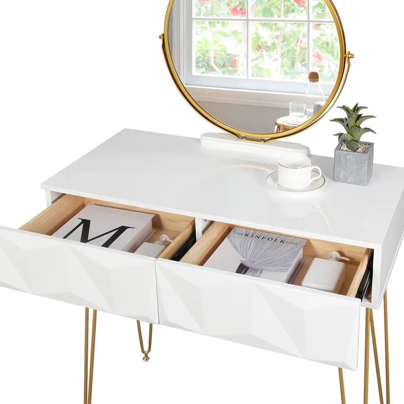 Armocity Vanity Desk with Mirror, Makeup Vanity with Stool, Vanity Table Set, Modern Dressing Table with 2 Storage Drawers for Bedroom, White