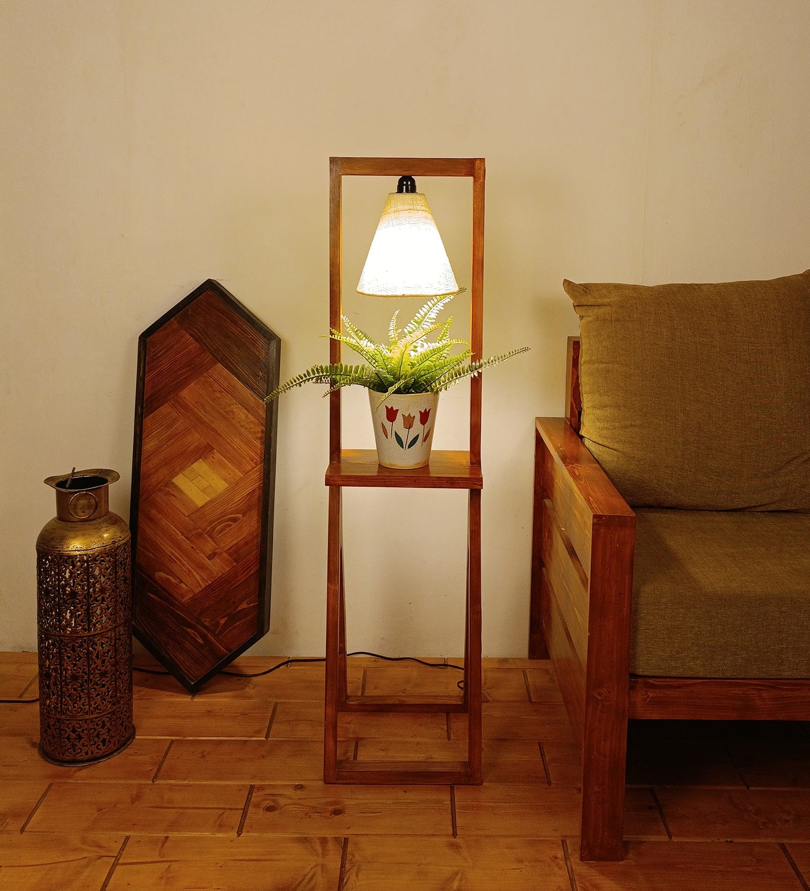 Euphoria Wooden Floor Lamp with Brown Base and Beige Fabric Lampshade (BULB NOT INCLUDED)