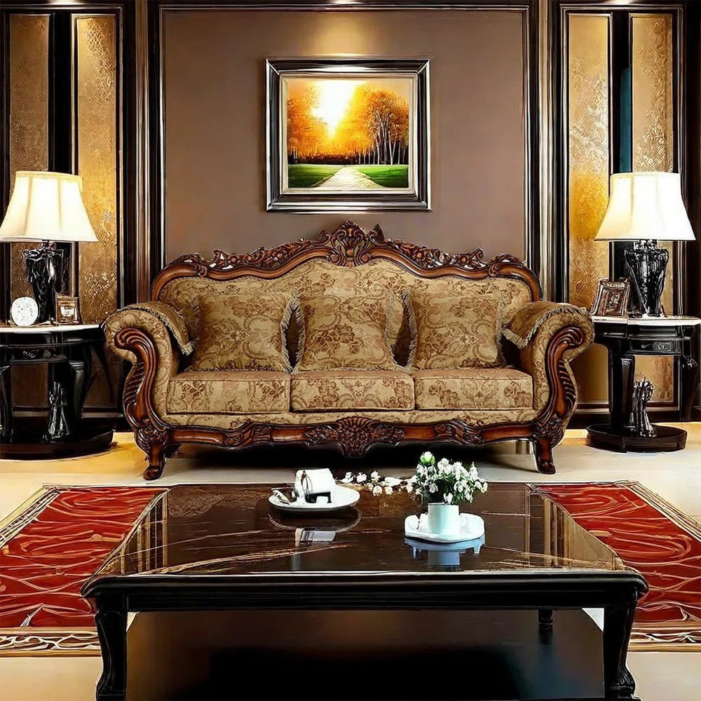 European-style Living Room Carved Sofa. 92.5'' Upholstered Sofa- OUCHCART| Sofa