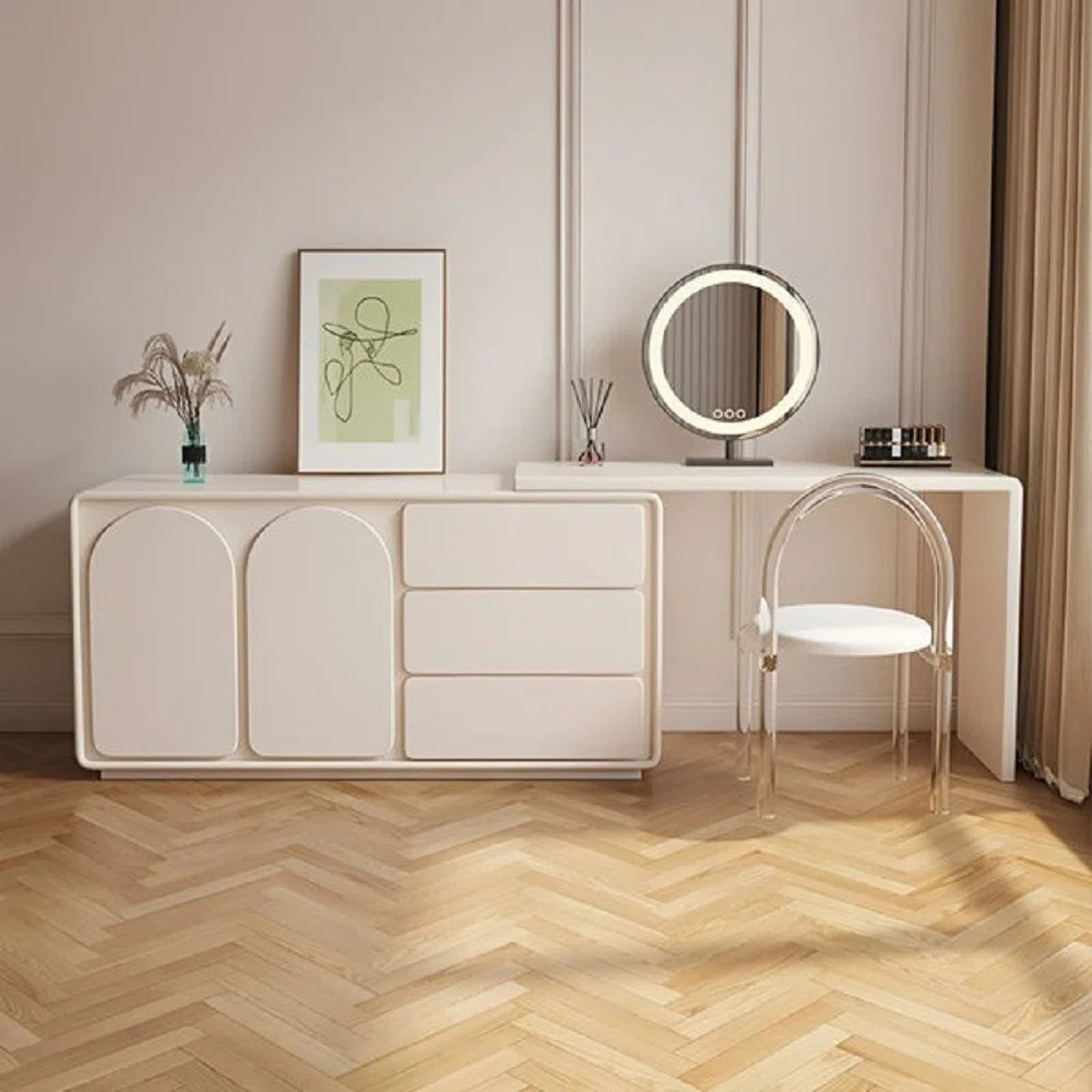 Cream White Expandable Makeup Vanity with Pre-Assembled Design & Storage