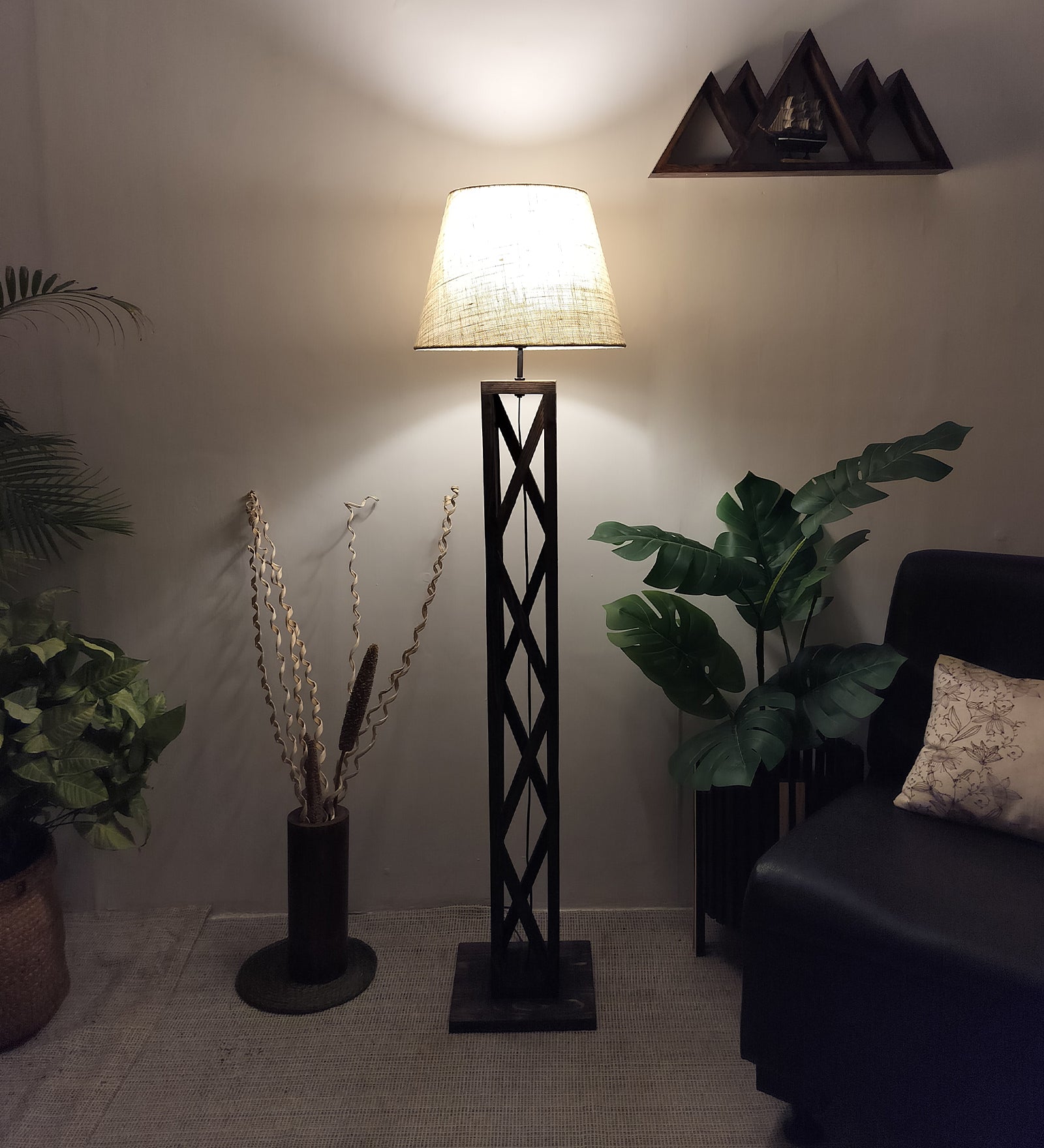 Symmetric Wooden Floor Lamp with Premium Beige Fabric Lampshade (BULB NOT INCLUDED)