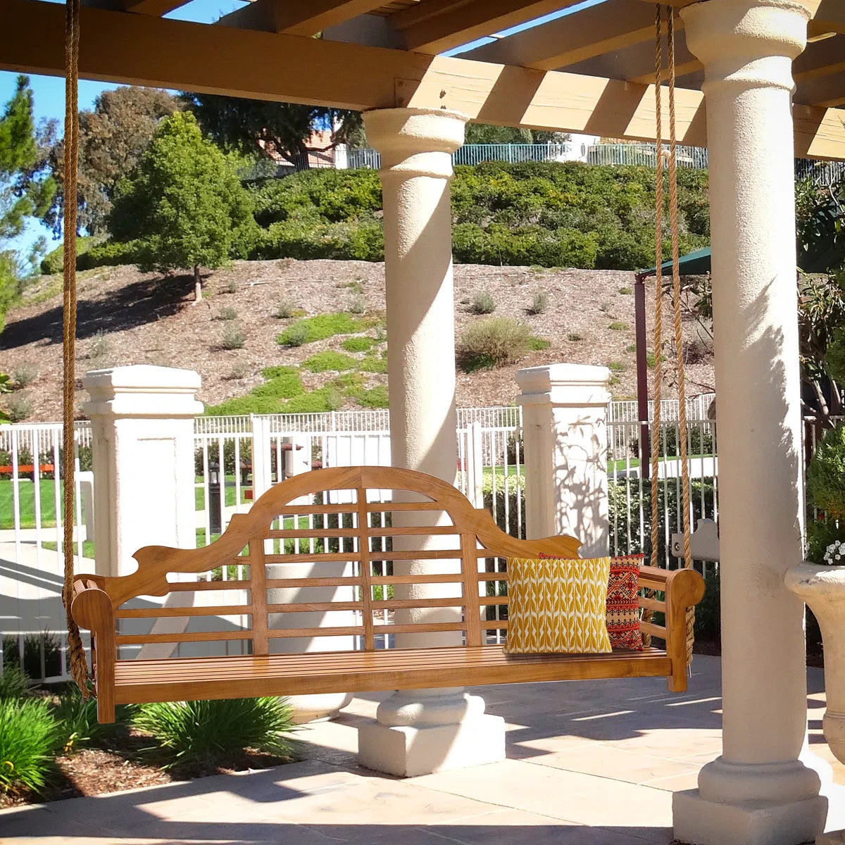 Ouch Cart Teak Wood Lutyens Style Porch Swing – Outdoor Garden Hanging Swing Bench (2-Seater / 3-Seater)