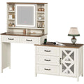Modern Farmhouse Makeup Vanity Table with Glass Top, Lighted Mirror, Storage Drawers and Charging Station