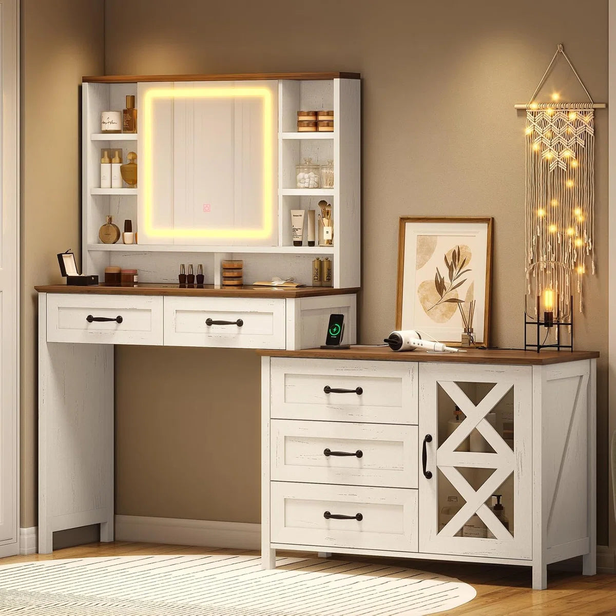 Modern Farmhouse Makeup Vanity Table with Glass Top, Lighted Mirror, Storage Drawers and Charging Station