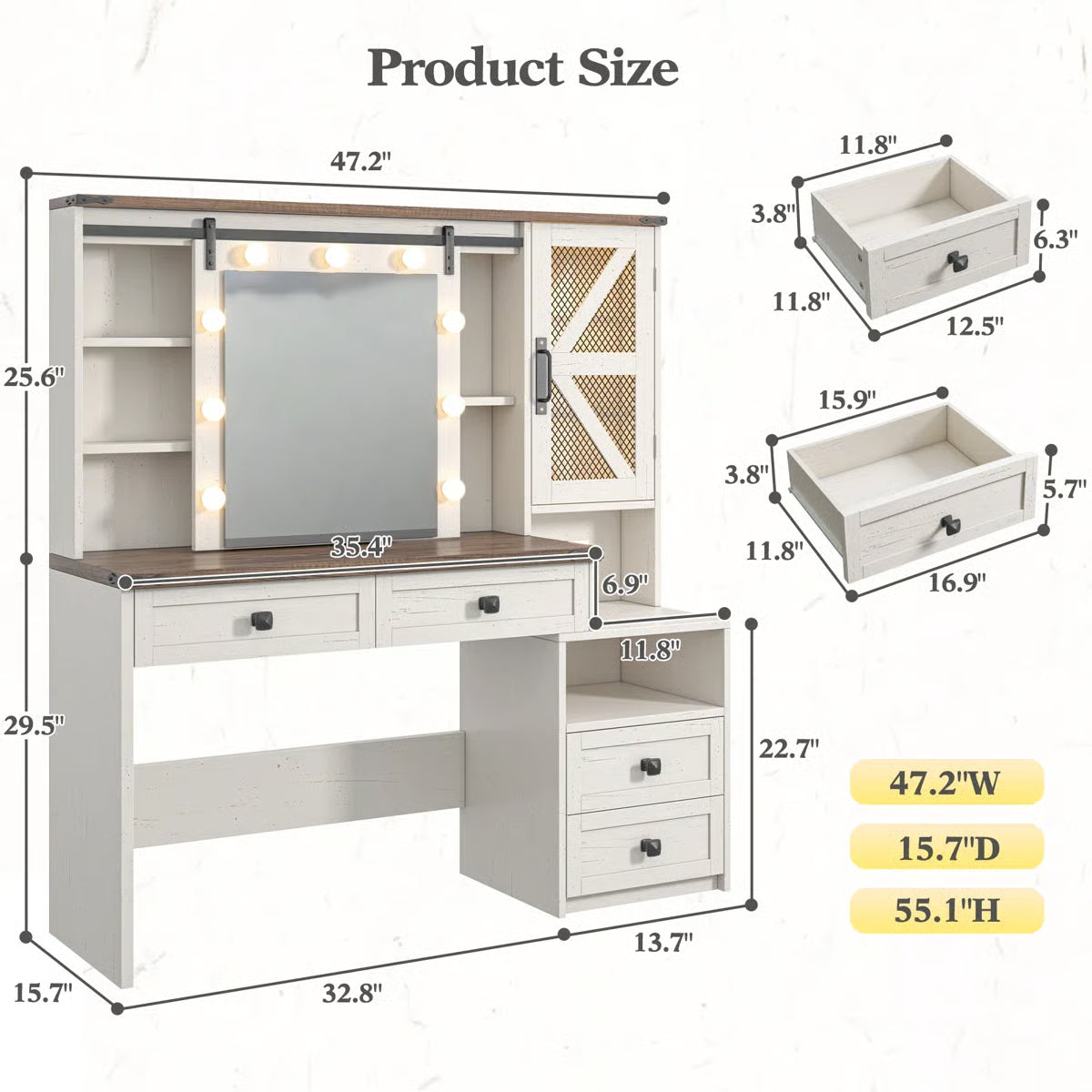 Farmhouse Vanity Table with Lights, Sliding Mirror, Charging Station, and Spacious Drawers- OUCH CART | Dressing table 