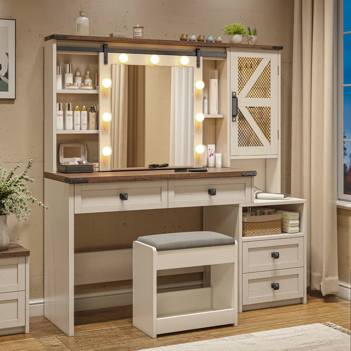 Farmhouse Vanity Table with Lights, Sliding Mirror, Charging Station, and Spacious Drawers