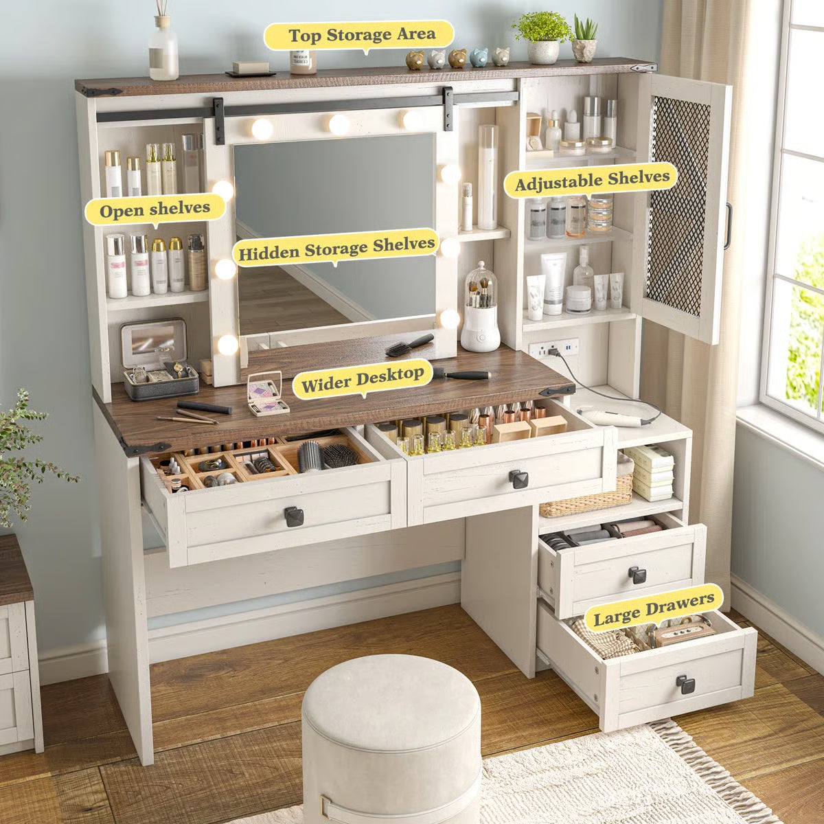 Farmhouse Vanity Table with Lights, Sliding Mirror, Charging Station, and Spacious Drawers