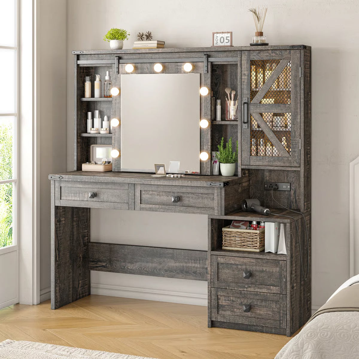 Farmhouse Vanity Table with Lights, Sliding Mirror, Charging Station, and Spacious Drawers- OUCH CART | Dressing table 