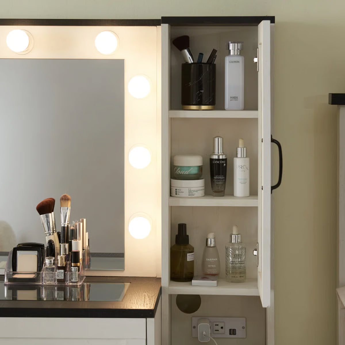 Farmhouse Vanity Makeup Desk – 43" Wide Desk, Drawers, Stool & Charging