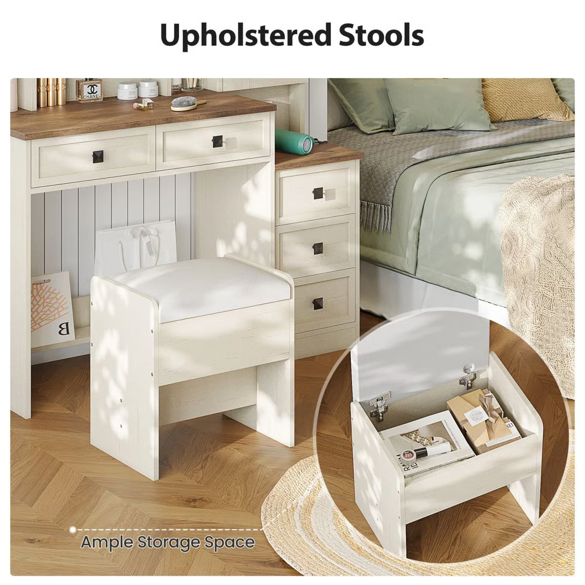 Rustic Farmhouse Makeup Vanity Set – Vintage White Table with Stool