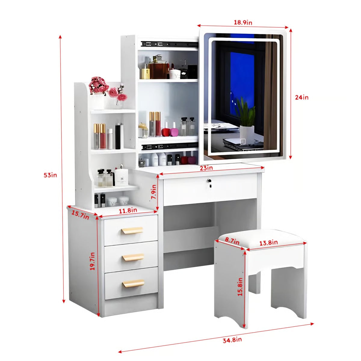 Fashion LED Vanity Desk – Makeup Table with Mirror and Chair for Bedroom