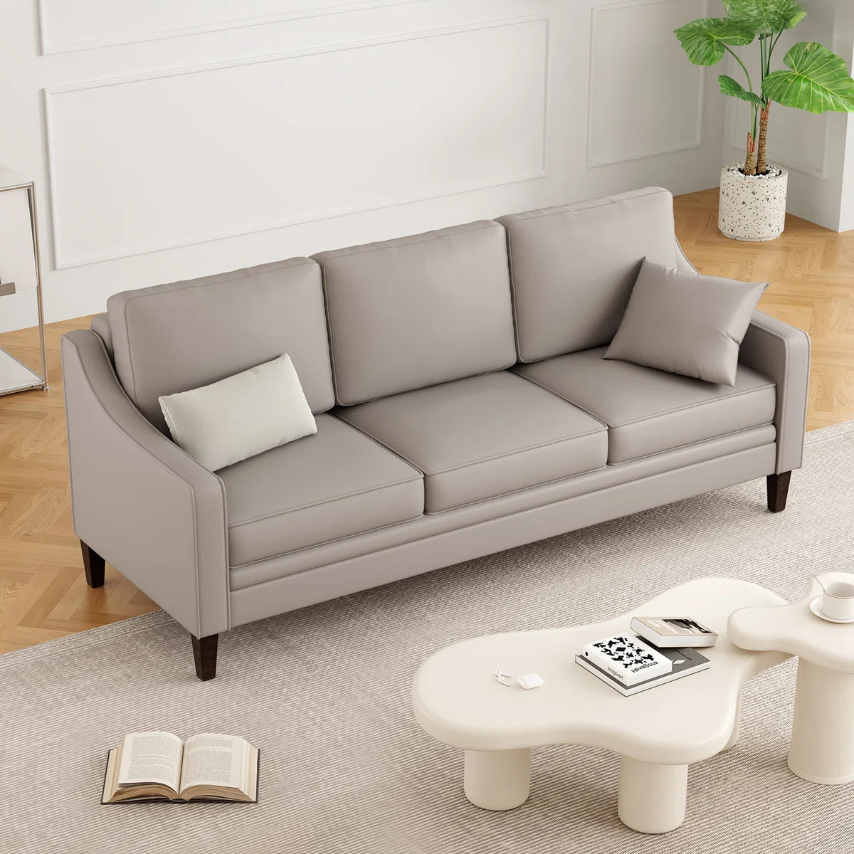Modern 3-Seater Faux Leather Sofa with Curved Arms & Solid Wood Legs