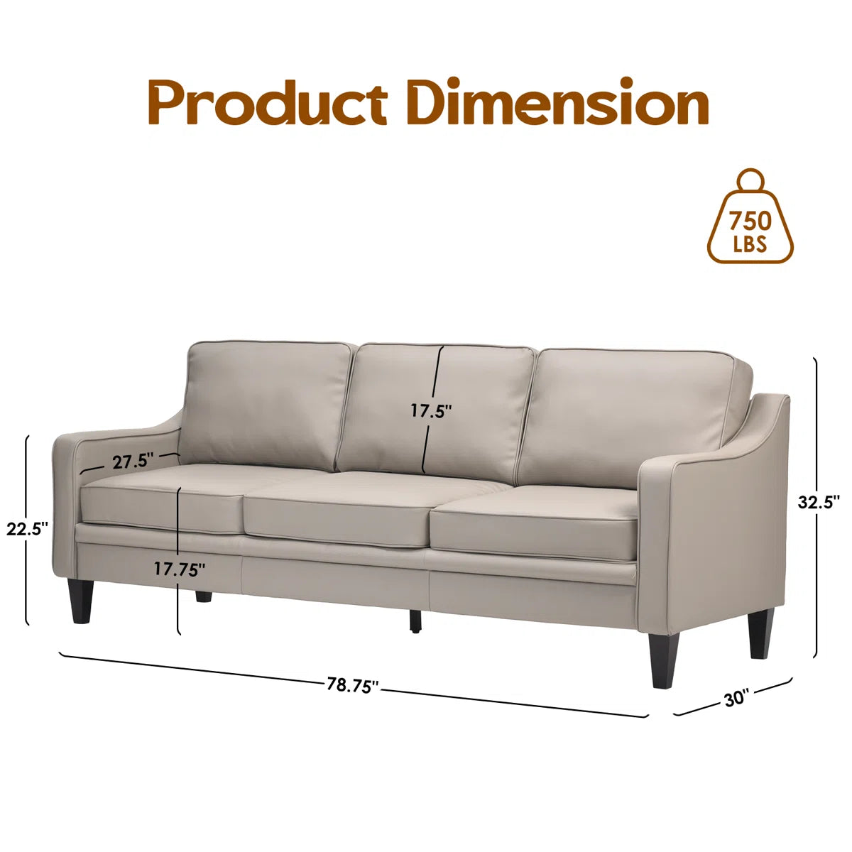 Modern 3-Seater Faux Leather Sofa with Curved Arms & Solid Wood Legs