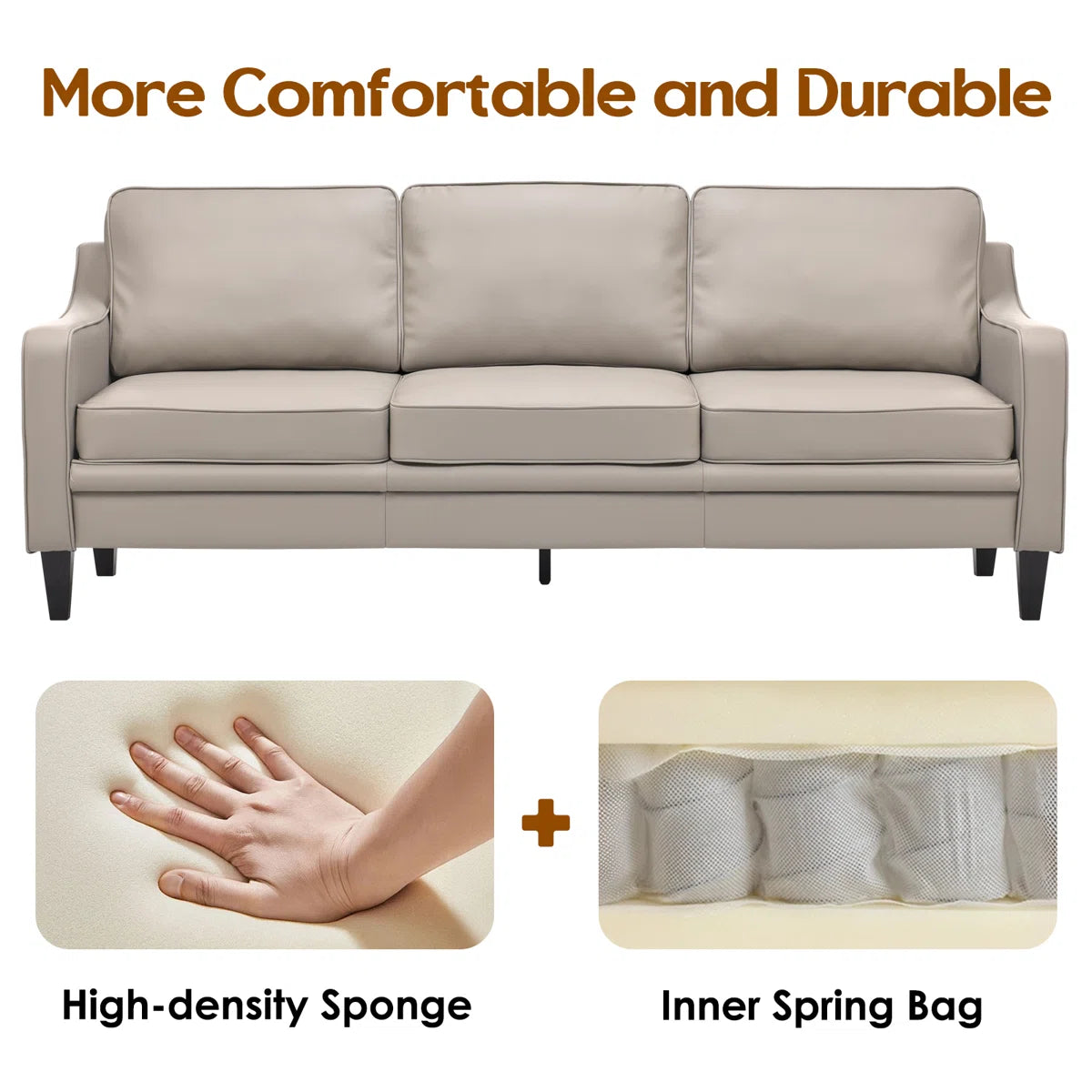 Modern 3-Seater Faux Leather Sofa with Curved Arms & Solid Wood Legs