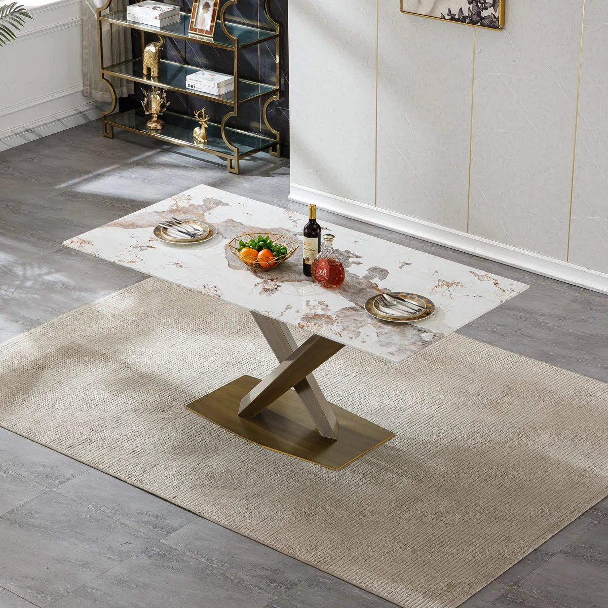 Faux Marble Dining Table Set, Marble Dining Table Set with Tufted Dining Chairs, 70 in Rectangle Large Kitchen Dining Room Table Set with Bronze Carbon Steel Frame for Home