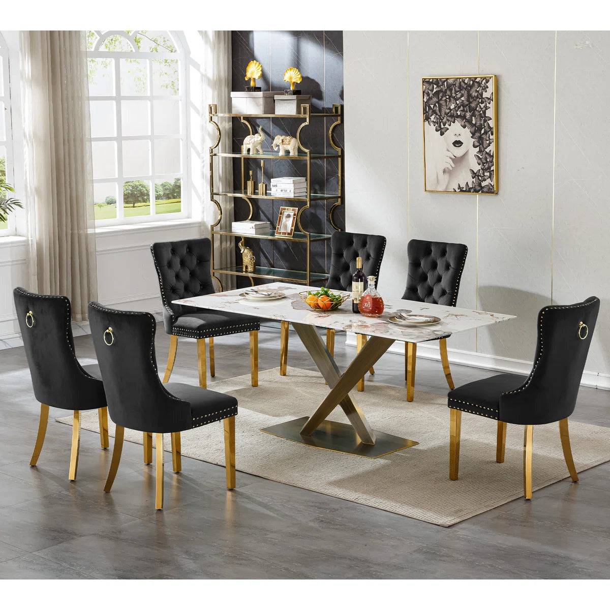 Faux Marble Dining Table Set, Marble Dining Table Set with Tufted Dining Chairs, 70 in Rectangle Large Kitchen Dining Room Table Set with Bronze Carbon Steel Frame for Home