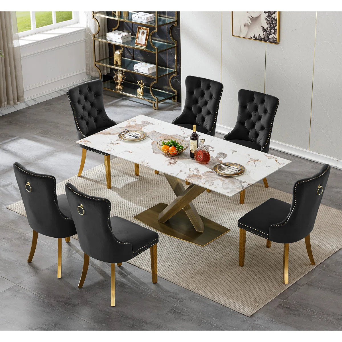 Faux Marble Dining Table Set, Marble Dining Table Set with Tufted Dining Chairs, 70 in Rectangle Large Kitchen Dining Room Table Set with Bronze Carbon Steel Frame for Home