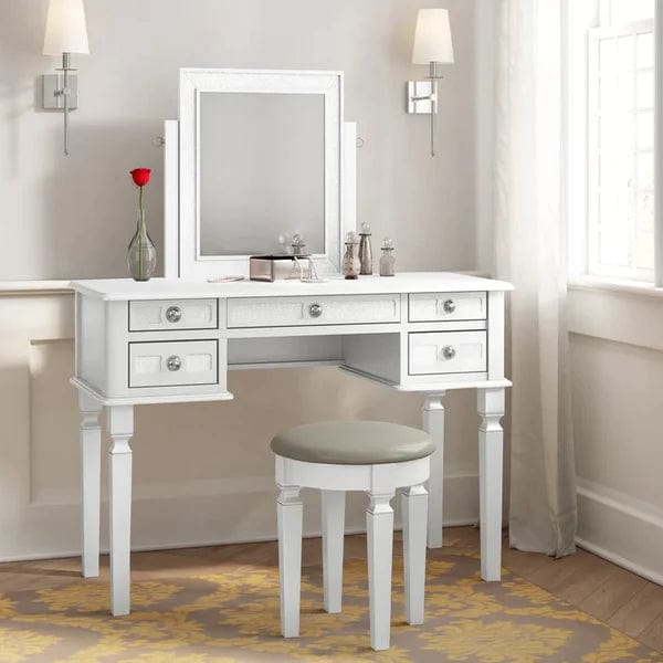 Tomasz Vanity dressing table with mirror with stool Stylish Corner Makeup Vanity Table, with Mirror and 5 Spacious Drawers, Bedroom Essential Dressing, Modern Minimalist Writing Desk for Girls