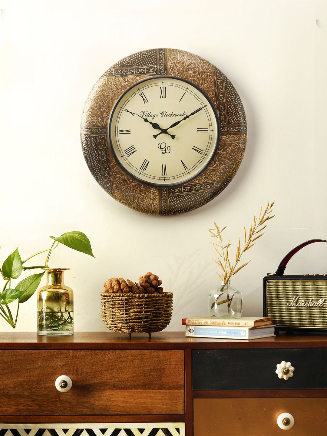 Round Embossed Brass 18 Inches Wall Clock