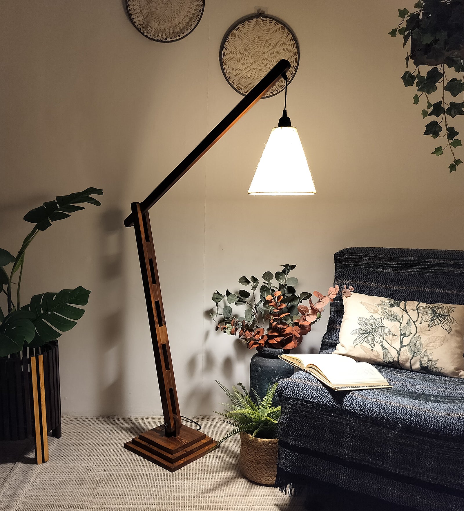 Fisher Wooden Floor Lamp with Brown Base and Jute Fabric Lampshade (BULB NOT INCLUDED)